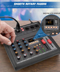 Close-up of DJ Audio Mixer Pro 3 Channel Controller with 16 Preset Effects USB Interface, featuring smooth rotary faders.