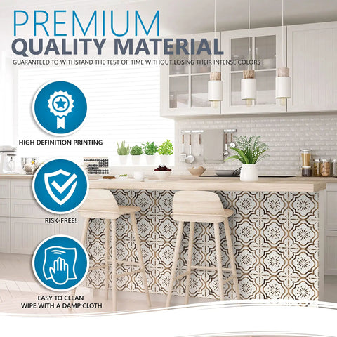 Peel And Stick Tile Stickers 24 Pack For Kitchen Backsplash And Bathroom Vinyl Wall Decals In Black And White Boho Modern Style Easy To Apply Just Peel And Stick Home Decor. Kitchen island with Boho tile pattern with bar stools.