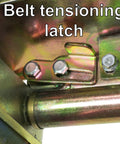 Close-up of Hella Compatible 2X48 Belt Grinder Attachment's belt tensioning latch, showcasing metal components and functionality.