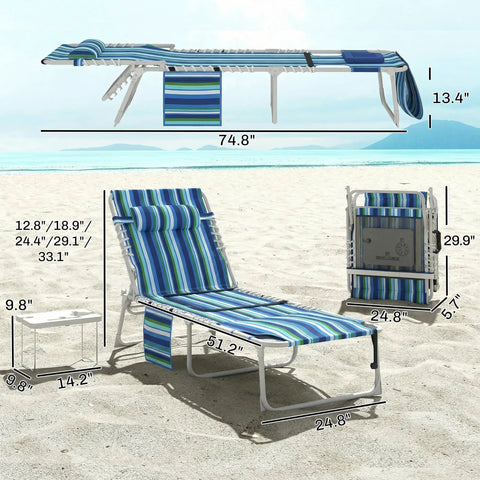 Face Hole Tanning Chair With Side Table And Carry Straps, 5 Position Folding Chaise Lounge For Beach Or Pool, Oxford Fabric In Blue Stripe