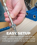 Kreg pocket-hole drill bit with stop collar and gauge, held by hand beside a blue pocket jig on wood