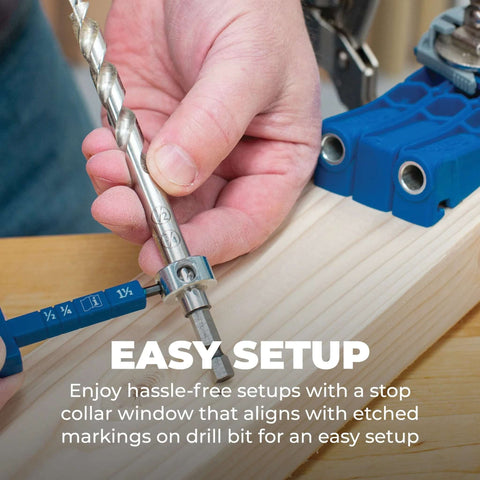 Kreg pocket-hole drill bit with stop collar and gauge, held by hand beside a blue pocket jig on wood