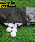Shag Bag For Golf Balls With Detachable Aluminum Tube, holding up to 80 balls, shown on green grass.