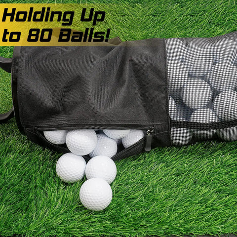 Shag Bag For Golf Balls With Detachable Aluminum Tube, holding up to 80 balls, shown on green grass.