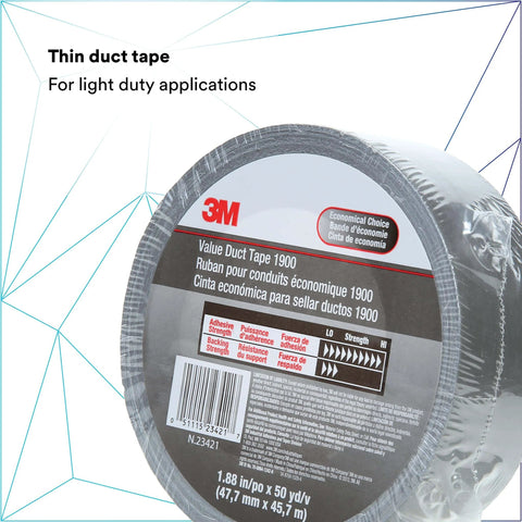 Image of Value Duct Tape 1900 Single Roll, Silver Thin Cloth-Backed Film with High-Tack Synthetic Rubber Adhesive on white background.