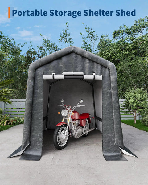 Heavy Duty Outdoor Portable Storage Shed With Roll Up Door And Vent Waterproof 240G PE Tarp UV Resistant Shelter For Motorcycle Firewood Garden Tools All Weather Gray 6x8 with red motorcycle inside