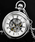 Men's Skeleton Pocket Watch With Hand Wind Mechanical Movement Stainless Steel Case And 12 Inch Chain Dual Sided Dial