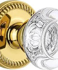 Newport Rosette Privacy Door Knob With Bordeaux Crystal Knob, solid forged brass, 2 3/8 inch backset, hand assembled USA.