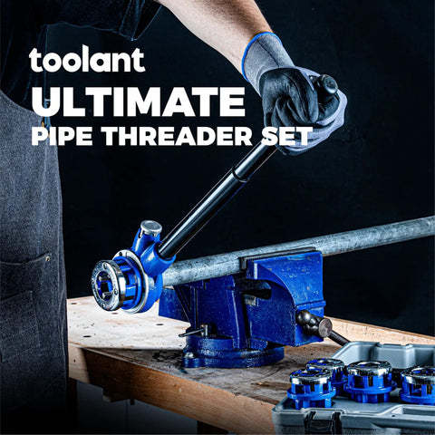 Person using All In One Ratcheting Pipe Threader Kit With 6 NPT Dies on metal pipe in workshop setting.