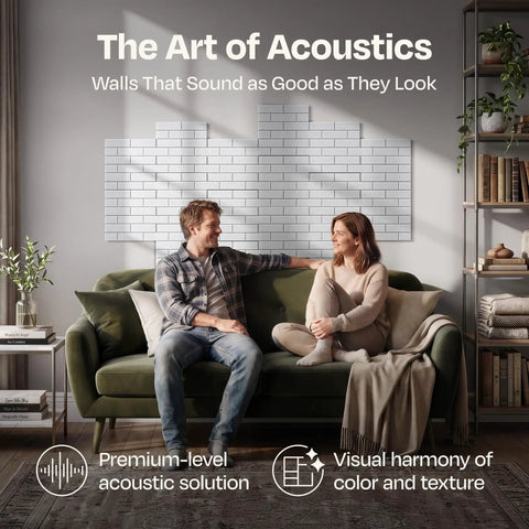 Couple relaxing on a sofa with Heavy Duty Self Adhesive Acoustic Wall Panels 18 Pack 12 By 12 Inch installed.