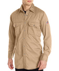 Hardhat Ready Flame Resistant Work Shirt Built For The Grind Featuring Two Utility Chest Pockets A Sturdy Snap Closure And Premium Seven Oz Cotton Fr Fabric To Keep Site Workers Safe During Long Hours On The Job, tan color, relaxed fit.
