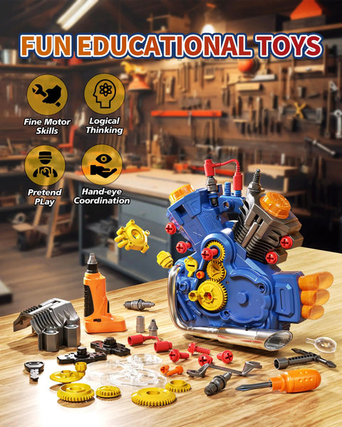 Engine Building Kit For Kids Mechanic Toys Motorcycle Engine Model With Real Light And Music, parts displayed on table.