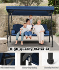 Three Seat Outdoor Porch Swing With Adjustable Canopy And Stand, Convertible Patio Glider Bed With Thick Cushions And Pillow, Upgraded Cup Holder, Heavy Duty All Metal Frame For Backyard Vibes Blue. Image shows a family sitting on the swing.