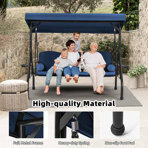 Three Seat Outdoor Porch Swing With Adjustable Canopy And Stand, Convertible Patio Glider Bed With Thick Cushions And Pillow, Upgraded Cup Holder, Heavy Duty All Metal Frame For Backyard Vibes Blue. Image shows a family sitting on the swing.