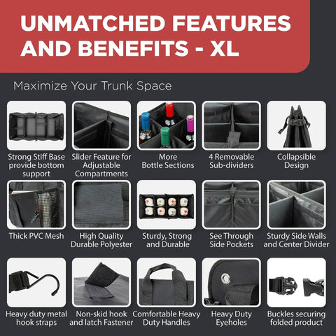 XL Beefed Up Trunk Organizer For SUV And Truck With Six Adjustable Compartments showing unmatched features and benefits.