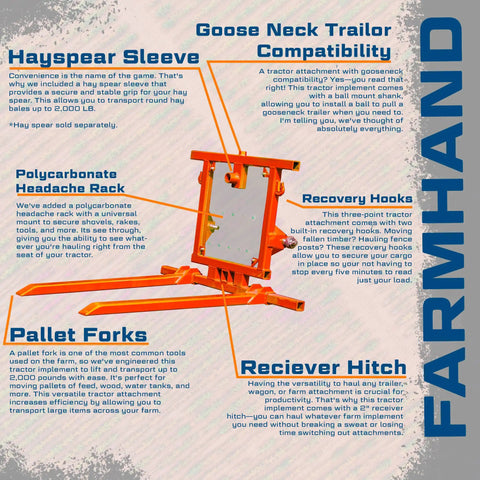 Diagram of Six In One Tractor Attachment With Pallet Forks, Hay Spear Sleeve, Gooseneck Trailer Hitch, 2-Inch Receiver, and Recovery Hooks