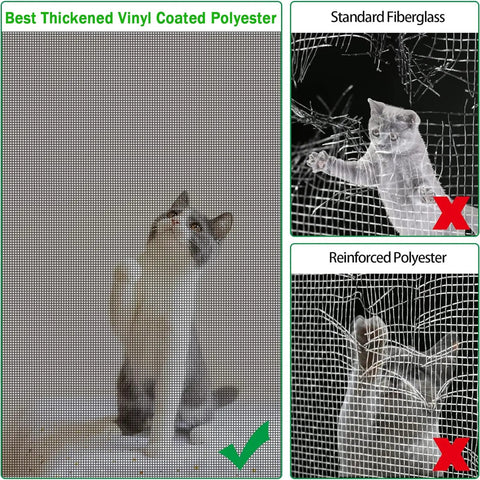 Pet Proof Window Screen Replacement Kit 39x118 Heavy Duty PVC Coated Polyester Mesh shown with cat paw for durability test
