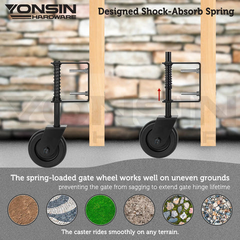 Heavy Duty Spring Loaded Gate Caster With Bearing And 360 Degree Swivel For Wooden Gates Fences And Metal Tube Gates Anti Sag Drag Gate Wheel Kit 200 Lb Capacity Per Pair Durable Black Construction Includes 2 Pcs installed view on wood post.