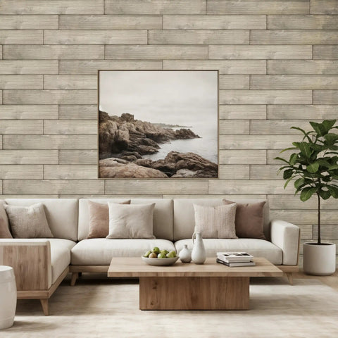 Living room with Real Wood Shiplap Wall Planks White 5 Inch Peel And Stick Boards Set Of 10 12.5 Sq Ft Pine Wood Non Toxic VOC Free