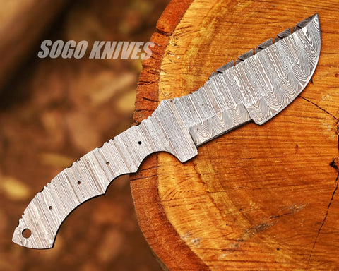 Damascus Tracker DIY Knife Kit With Knife Blank Steel Blade Pins Handle Scales And Leather Sheath For Crafting A Custom Blade