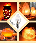 Collage of 15 Watt Salt Lamp Replacement Bulb for Himalayan Salt Lamps and Decor E12 Socket C7 Base in various settings
