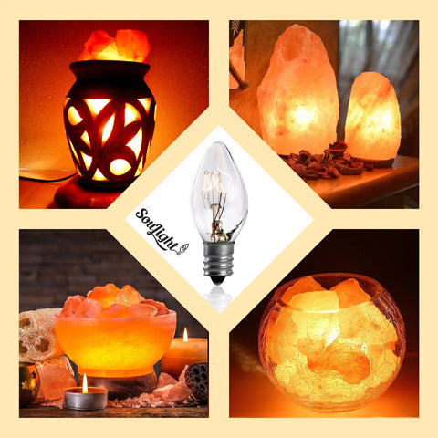 Collage of 15 Watt Salt Lamp Replacement Bulb for Himalayan Salt Lamps and Decor E12 Socket C7 Base in various settings