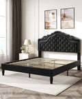 Queen Bed Frame With Fly Velvet Upholstery, Adjustable Diamond Tufted Headboard, Heavy Duty Steel Accents, Solid Wood Slat Base, Skip The Box Spring, Fast Fix Assembly, Sleek Matte Black in a bright bedroom setting.