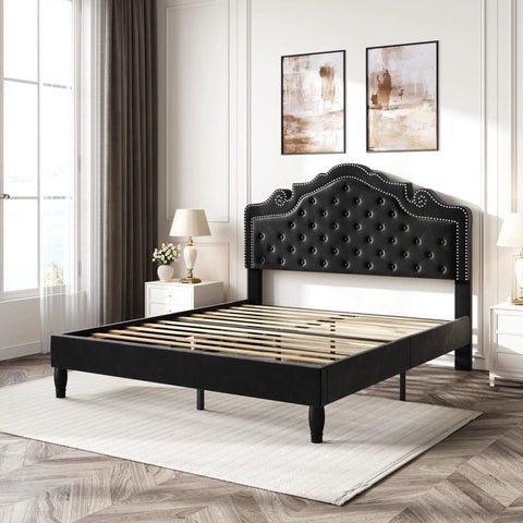 Queen Bed Frame With Fly Velvet Upholstery, Adjustable Diamond Tufted Headboard, Heavy Duty Steel Accents, Solid Wood Slat Base, Skip The Box Spring, Fast Fix Assembly, Sleek Matte Black in a bright bedroom setting.