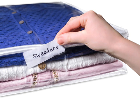 Clear Sweater Storage Bags 2 Pack With Zippered Vinyl Organizers And Label Pockets For Dustproof Clothes Storage Of Sweaters Blankets Linens Underbed And Closet Use with a hand labeling a bag