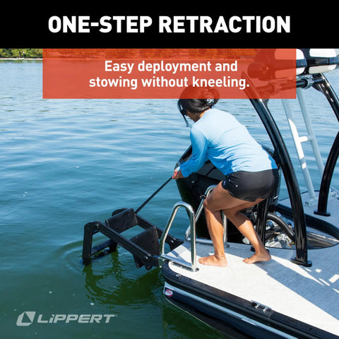 SureStep Pontoon Ladder With Slip Resistant Steps Saltwater Rated Aluminum Treads And Stainless Steel Handrails Easy Boarding For Kids And Pups Heavy Duty 400 Lb Capacity ABYC Compliant Boat Access used on pontoon stern