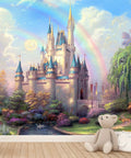 Dream Castle Bedroom Wall Mural Set, Large Peel And Stick Wallpaper depicting a castle, forest, and rainbow in kid-friendly decor.