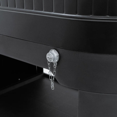 Close-up of the drainage spout on the black 120-Qt Rolling Ice Chest Cooler Cart With Wheels And Drink Dividers.