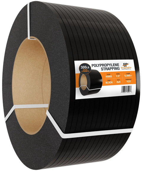 Heavy Duty Polypropylene Strapping Roll Half Inch Wide Three Hundred Pound Breaking Strength Embossed Plastic Banding on a spool