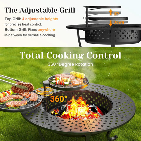 43 Inch Outdoor Fire Pit Table With Two Removable Grills, Lid, And Poker, 3 In 1 Wood Burning Bonfire, BBQ Grill, And Cozy Patio Coffee Table