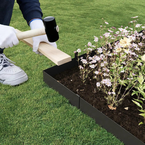 Weathering Steel Landscape Edging Kit Cor Ten 40 Inch By 8 Inch 6 Pack With Paint Finish Hammer In Strips Includes 8 Clips And Gloves Edge For Lawn And Garden Durable Rust Resistant Border 20 Ft Total being installed in garden