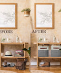 Before and after using Fabric Cube Storage Bins Four Pack 10 Inch By 10 Inch Gray And White for organizing a shelf.