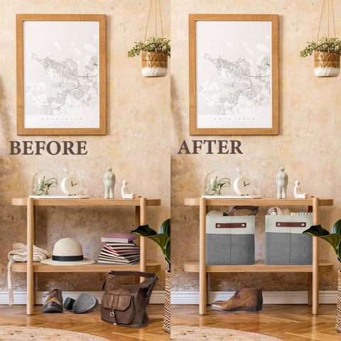 Before and after using Fabric Cube Storage Bins Four Pack 10 Inch By 10 Inch Gray And White for organizing a shelf.