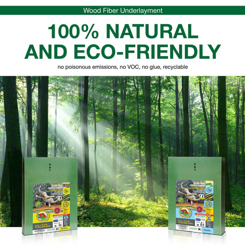 Premium Wood Fiber Flooring Underlayment 6mm Covers 180 Sq Ft Solid Acoustic Insulation And Hella Quiet Soundproofing For Laminate Lvt Lvp Or Hardwood Floors Today, eco-friendly product surrounded by forest.