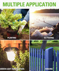 Collage showing uses of the 80V Brushless Earth Auger And Post Hole Digger: planting, ice fishing, garden light installation, fencing.
