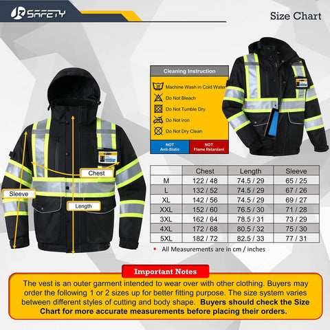Hi Vis Waterproof Winter Bomber Jacket With Ten Pockets, 3M Reflective Strips, size chart, cleaning instructions, black color