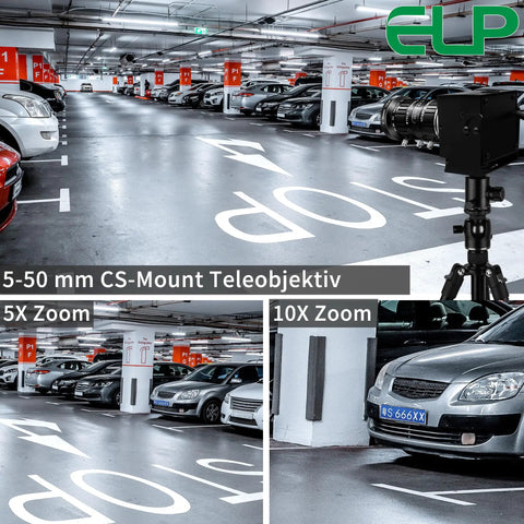 Low Light USB Camera With 5-50mm Manual Zoom And 10x Varifocal Lens, HDR 100dB in a parking garage, showing zoom capability