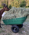 Dumping Lawn And Garden Utility Trailer With 6.5 Cubic Foot Poly Tray filled with hay, next to a goat, on grassy terrain.