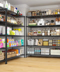 Rock Solid Heavy Duty 5 Tier Wire Shelving Rack 45 Inches Wide Adjustable Storage Organizer in black, filled with pantry items.