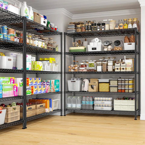 Rock Solid Heavy Duty 5 Tier Wire Shelving Rack 45 Inches Wide Adjustable Storage Organizer in black, filled with pantry items.