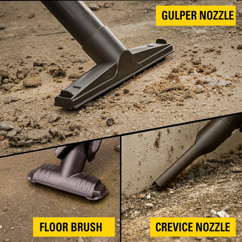 8 Gallon Wet Dry Vacuum With 4 HP Peak Motor, Heavy Duty Shop Vac With Attachments showing floor brush, crevice, and gulper nozzle