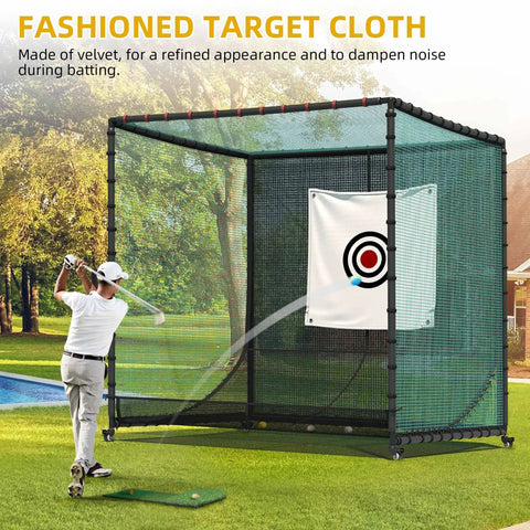 Golfer practicing with Movable 10x10x10 Ft Golf Cage With Ball Return Net And Wheels, target cloth visible, metal frame, backyard use.