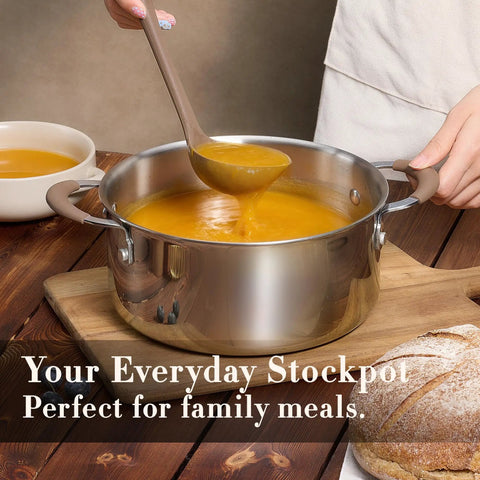 Detachable Handle Stainless Steel Cookware Set for Induction with 19 Piece Tri Ply Full Clad Pots and Pans in use with soup