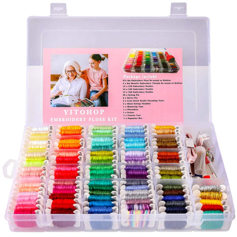 Dope Embroidery Floss Kit With Organizer Box, 200 Plus Colors 8m Mercerized Thread neatly displayed in a clear plastic organizer box