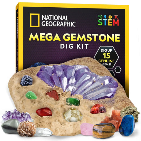 Gemstone Dig Kit For Kids With 15 Real Gemstones And Crystals Hands On Science Toy For Boys And Girls showing dig brick and gemstones.