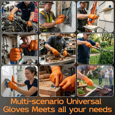 Super Heavy Duty Nitrile Work Gloves 8 Mil Thick Industrial Mechanics Disposable in various work scenarios.